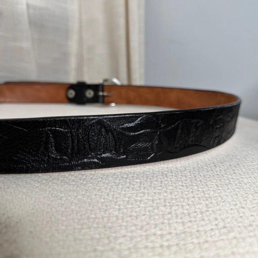 Vintage C.L.‎ Leather Belt Embossed Cabin Deer Mountain Black Tooled Men's 48